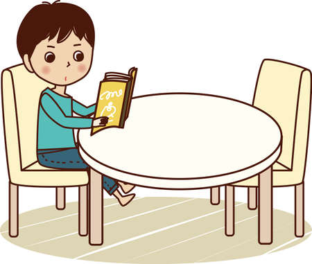 Young man reading a book at table.のイラスト素材