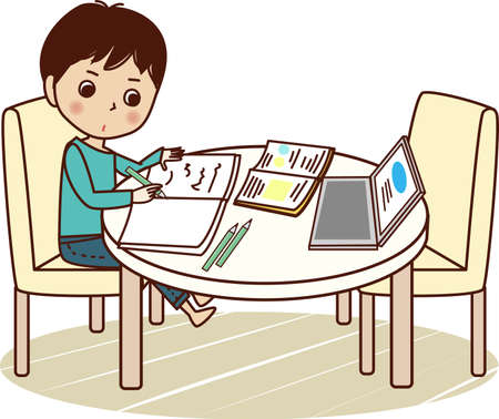 Young man studying at table.のイラスト素材