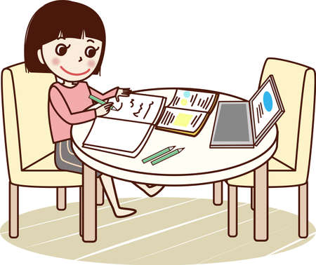 Young woman studying at table.のイラスト素材