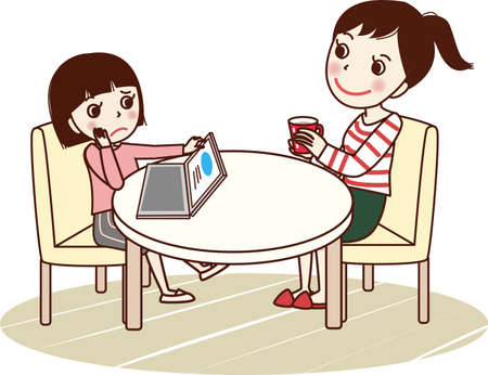 Mother smiling with young woman learning tablets in living room.のイラスト素材