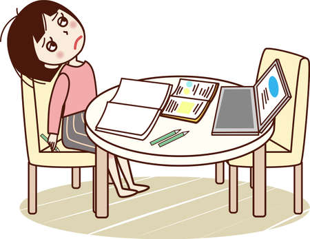 Young woman with tired face looking up while studying.のイラスト素材