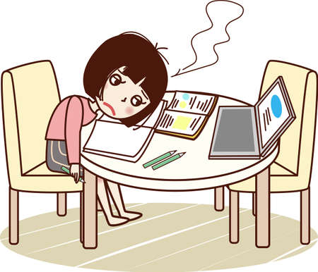 Young woman sighing face down on desk while studying.のイラスト素材