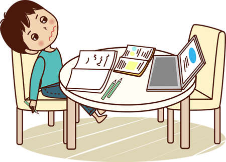 Young man with tired face looking up while studying.のイラスト素材