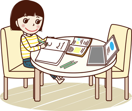 Smiling young woman studying using tablet in living room.のイラスト素材