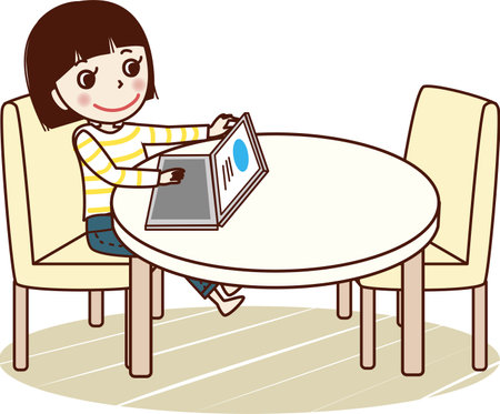 Smiling young woman studying using tablet in living room.のイラスト素材