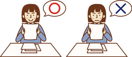 Set illustration of a woman named "âªï¸" and a woman called "Ã" holding documents.のイラスト素材