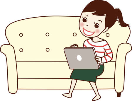 Smiling woman sitting on sofa and using tablet.のイラスト素材