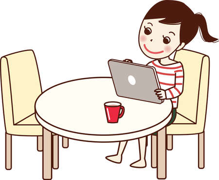 Smiling woman using tablet at table.のイラスト素材