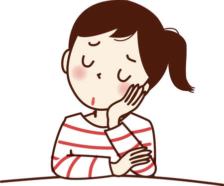 Young woman holding hands on cheeks and thinking.のイラスト素材
