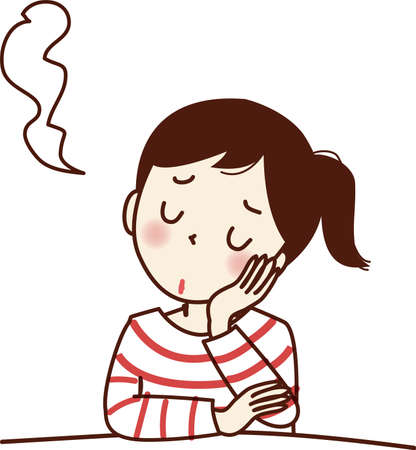 Young woman holding hands on cheeks and sighing.のイラスト素材