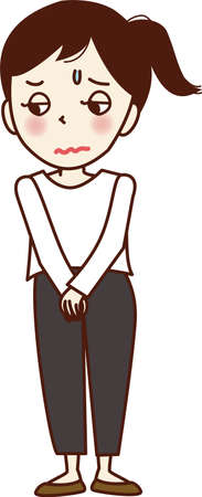 Young woman with anxious expression holding hands in front.のイラスト素材