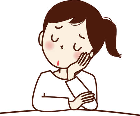 Young woman holding hands on cheeks and thinking.のイラスト素材