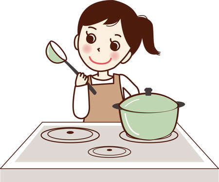 Smiling woman in apron cooking on IH stove.のイラスト素材
