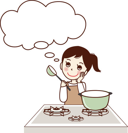 Smiling young woman doing thoughts while cooking.のイラスト素材