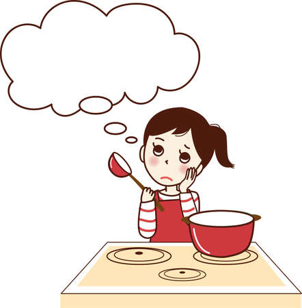 Young woman with troubled face doing thoughts while cooking.のイラスト素材