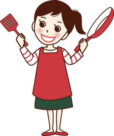 Smiling woman with fly return and frying pan.のイラスト素材