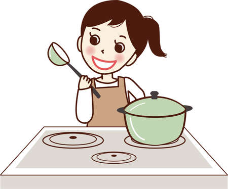 Smiling woman in apron cooking on IH stove.のイラスト素材