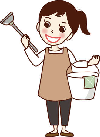 Smiling woman with rubber cup and bucket.のイラスト素材