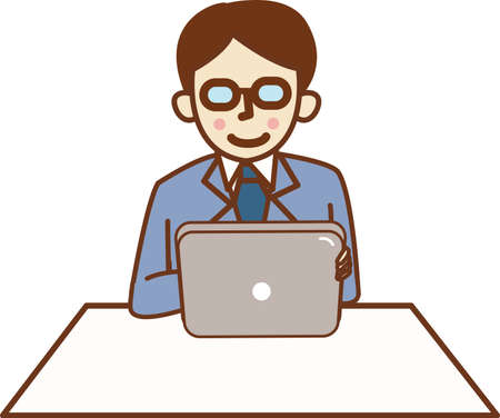 Man in suit holding tablet sitting.のイラスト素材