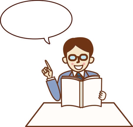 Man in suit pointing his finger while reading a book.のイラスト素材