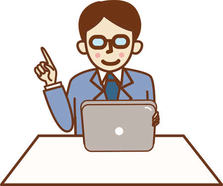Man in suit holding tablet sitting and pointing finger.のイラスト素材