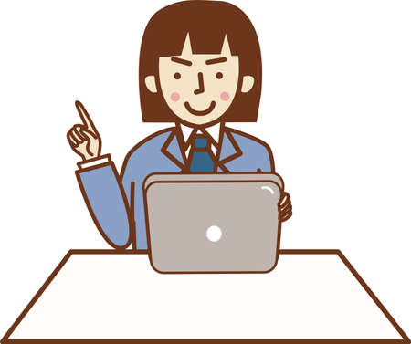 Woman in suit holding tablet sitting and pointing finger.のイラスト素材