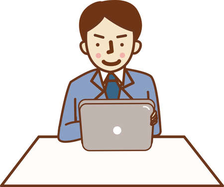 Man in suit holding tablet sitting.のイラスト素材