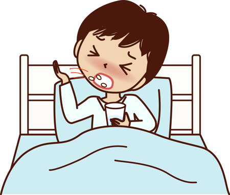 Young man getting into bed and taking medicine.のイラスト素材