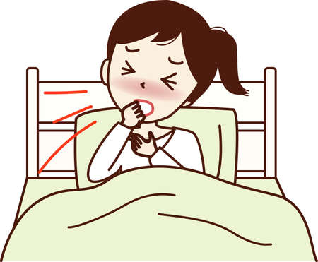 Young woman getting into bed and coughing.のイラスト素材