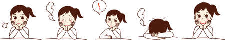 Set illustration of a young woman in the upper body. Sigh, trouble, open, smile.のイラスト素材