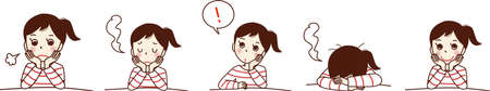 Set illustration of a young woman in the upper body. Sigh, trouble, open, smile.のイラスト素材