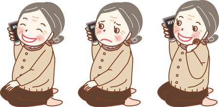 Set illustration of elderly woman talking on smartphone.のイラスト素材