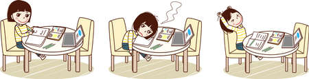 Set illustration of young woman studying at table.のイラスト素材