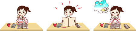 Set illustration of a young woman who is happy to put on a household account book.のイラスト素材