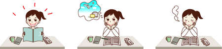 Set illustration of a young woman who is happy to put on a household account book.のイラスト素材