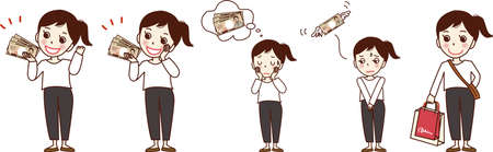 Set illustration of a young woman willing to have cash, a troubled woman, a woman shopping.のイラスト素材
