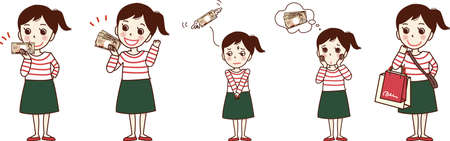 Set illustration of a young woman willing to have cash, a troubled woman, a woman shopping.のイラスト素材