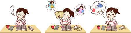 Set illustration of a young woman making a household account book and thinking.のイラスト素材