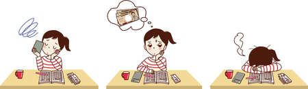 Set illustration of a young woman making a household account book and thinking.のイラスト素材