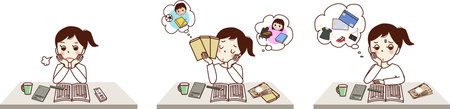 Set illustration of a young woman making a household account book and thinking.のイラスト素材