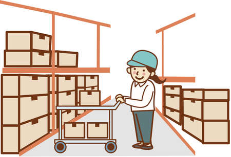 A female worker carrying her luggage in a truck at a warehouse.のイラスト素材