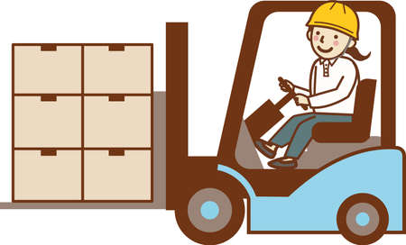 Female worker carrying luggage with forklift.のイラスト素材