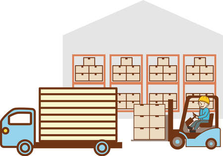 Forklift and male worker carrying luggage to truck in front of warehouse.のイラスト素材