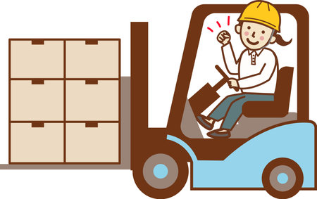 Female worker carrying luggage with forklift and gutsy posing.のイラスト素材