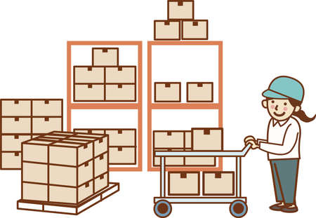 A female worker carrying her luggage in a truck at a warehouse.のイラスト素材