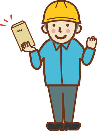Worker man gutsing with smile holding envelope.のイラスト素材
