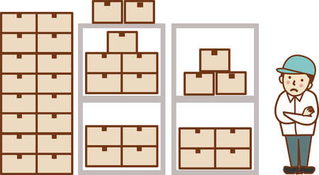 Worker man in hat, arm folded in warehouse and doing ideas.のイラスト素材