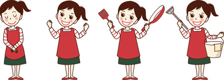 Set illustration of a smiling woman in an apron doing housework. Cooking and cleaning.のイラスト素材