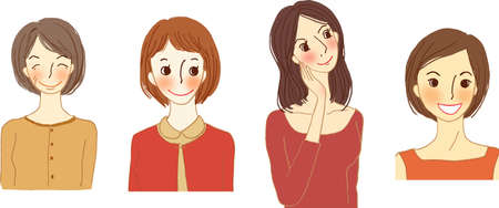 Set illustrations of the upper body of various types of women.のイラスト素材