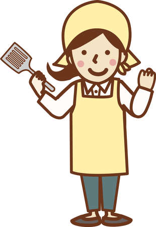A smiling woman in an apron holding a fly back and posing with guts.のイラスト素材